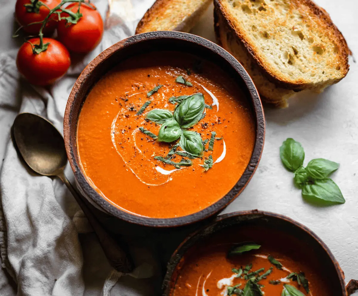 Creamy roasted tomato basil soup served in a bowl, garnished with fresh basil leaves and drizzled with olive oil, perfect for a comforting homemade meal.