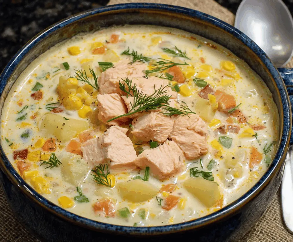 Creamy salmon chowder soup served in a bowl with fresh herbs and crusty bread on the side, perfect for a hearty seafood meal.