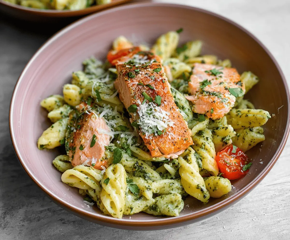 Creamy salmon pesto pasta dish garnished with fresh basil and cherry tomatoes, featuring tender pasta topped with flaky salmon and vibrant green pesto sauce.