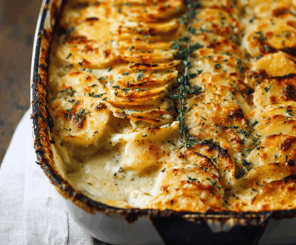 Creamy scalloped potatoes baked with golden cheese and crispy edges, served in a delicious casserole dish.