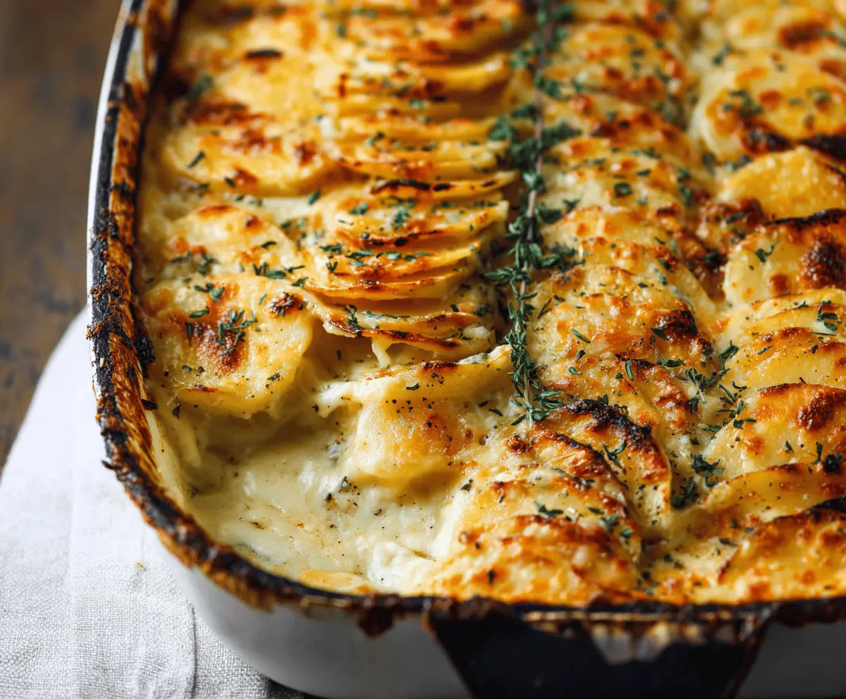 Creamy scalloped potatoes baked with golden cheese and crispy edges, served in a delicious casserole dish.