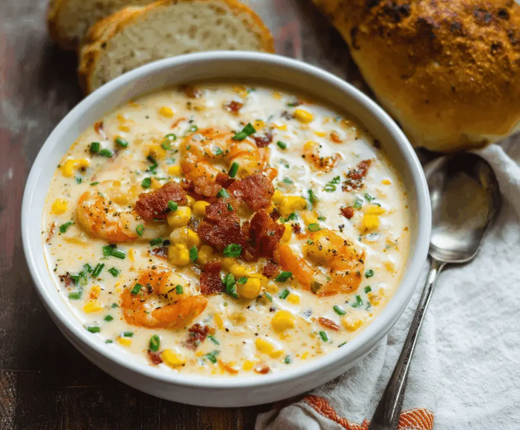 Creamy shrimp and corn chowder in a bowl topped with fresh herbs, served with crusty bread on a rustic wooden table.