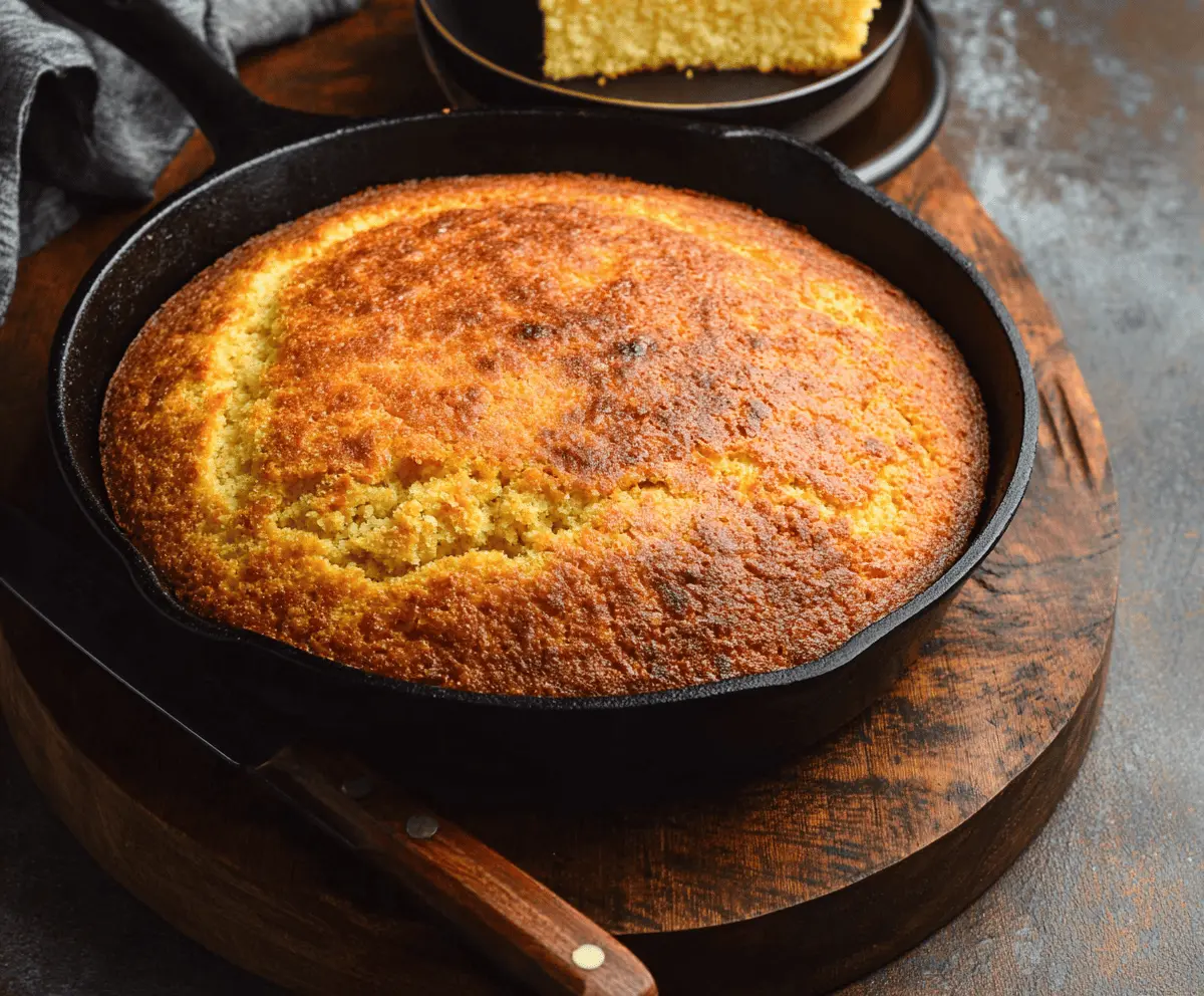 Golden, fluffy skillet cornbread served in a rustic cast iron skillet, perfect for a comforting homemade meal.