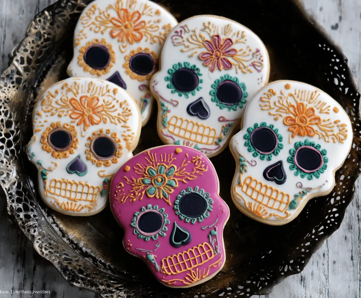Decorative skull-shaped sugar cookies with colorful icing and intricate designs, perfect for Halloween or Day of the Dead celebrations.