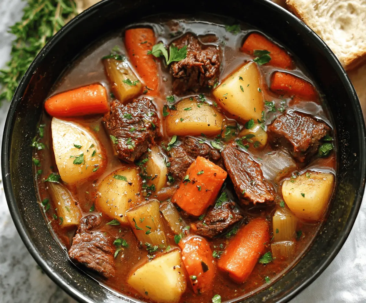 Hearty slow cooker beef stew with tender beef chunks, carrots, potatoes, celery, and herbs in a rich broth