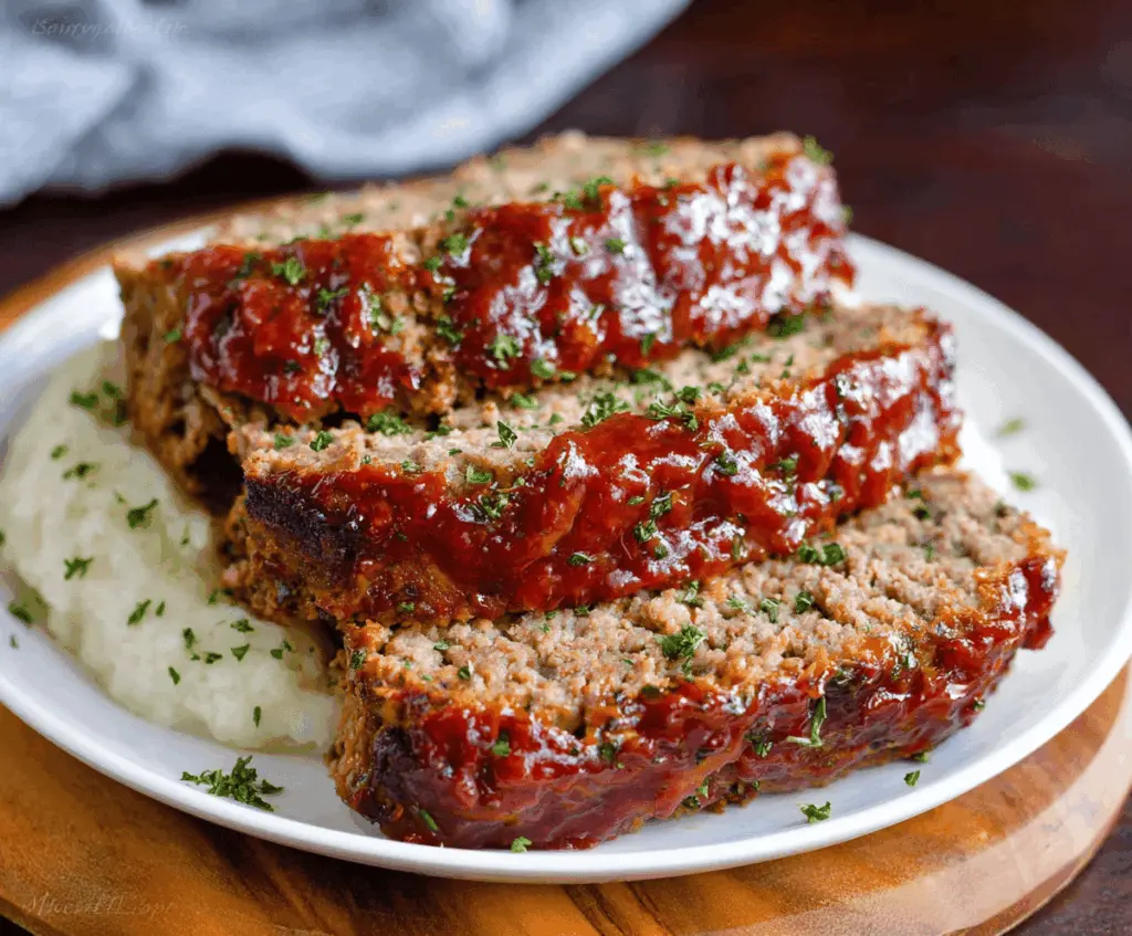 Delicious homemade slow cooker meatloaf garnished with fresh herbs on a serving plate, ready to serve