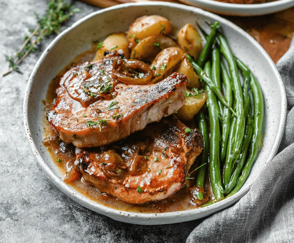 Juicy slow cooker pork chops served with herbs and vegetables, perfect for a flavorful dinner