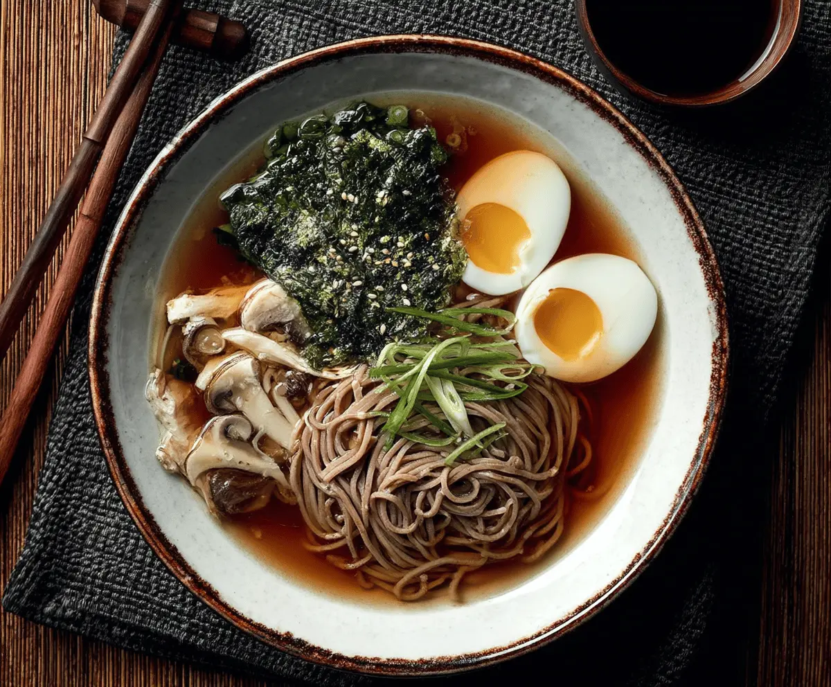 A steaming bowl of Soba Noodle Soup garnished with fresh green onions and sliced vegetables, served in a rustic bowl on a wooden table.