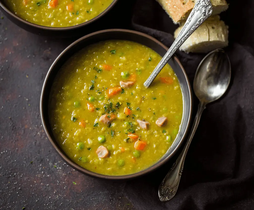 A steaming bowl of creamy split pea soup garnished with fresh herbs and served with crusty bread on a rustic wooden table.