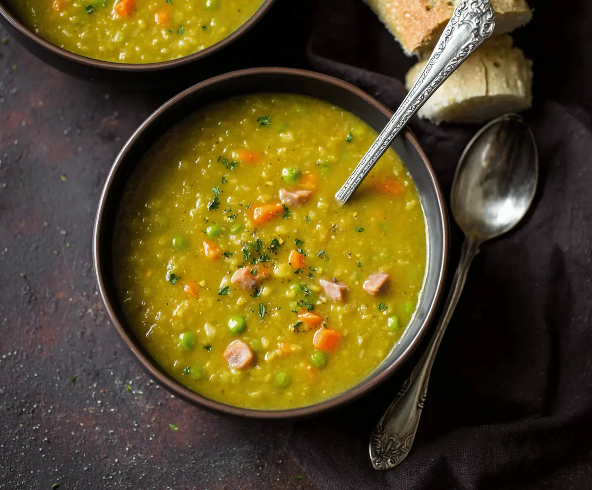 A steaming bowl of creamy split pea soup garnished with fresh herbs and served with crusty bread on a rustic wooden table.