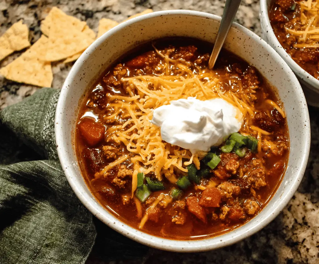 Hearty stovetop chili in a bowl topped with shredded cheese and fresh herbs, served with a side of cornbread.