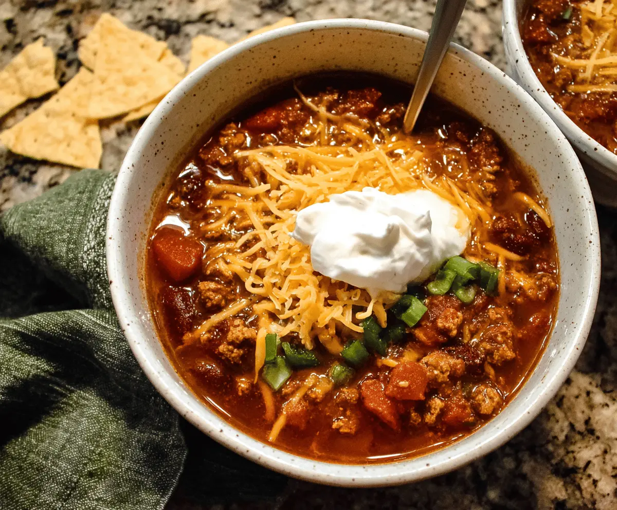 Hearty stovetop chili in a bowl topped with shredded cheese and fresh herbs, served with a side of cornbread.