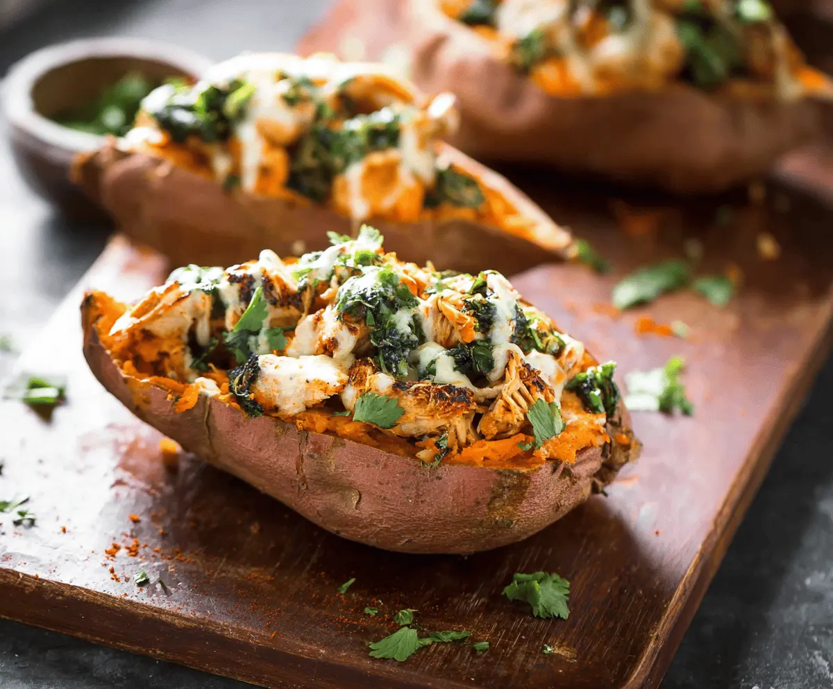 Delicious stuffed sweet potato topped with tender chicken, fresh herbs, and colorful vegetables, served as a healthy and satisfying meal.