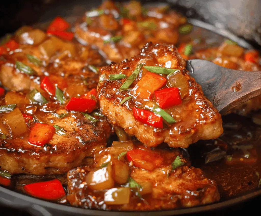 Delicious sweet and sour pork chops served with colorful vegetables on a white plate, perfect for a flavorful dinner recipe.