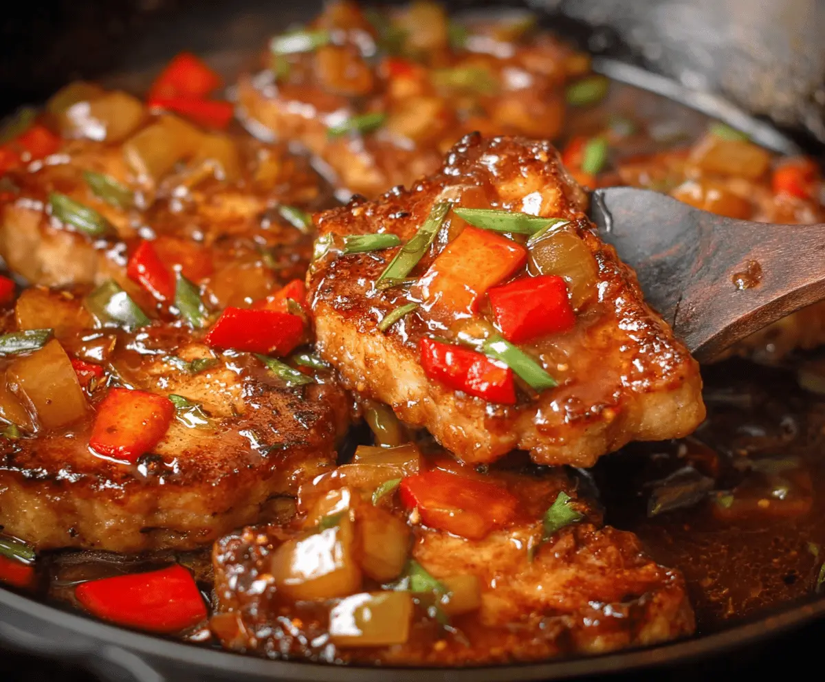 Delicious sweet and sour pork chops served with colorful vegetables on a white plate, perfect for a flavorful dinner recipe.