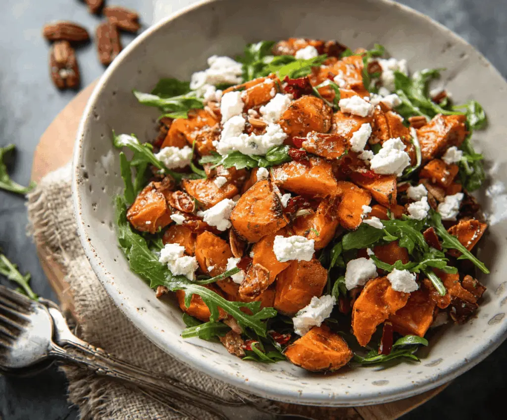 Fresh sweet potato and feta salad garnished with herbs, perfect for a healthy, colorful meal
