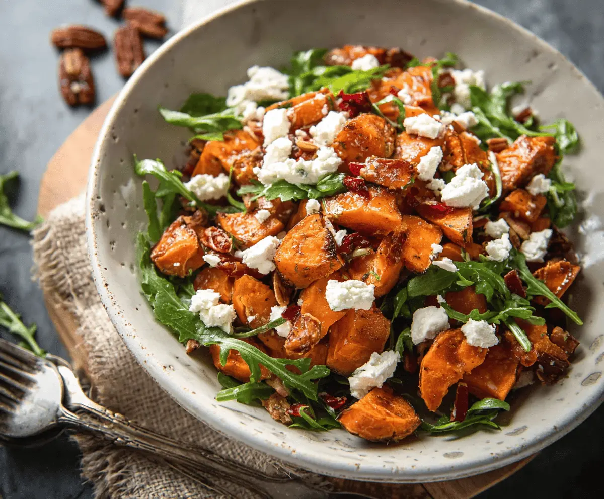 Fresh sweet potato and feta salad garnished with herbs, perfect for a healthy, colorful meal