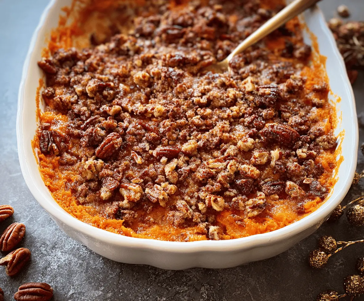 Baked sweet potato casserole topped with crunchy pecan streusel and marshmallows.