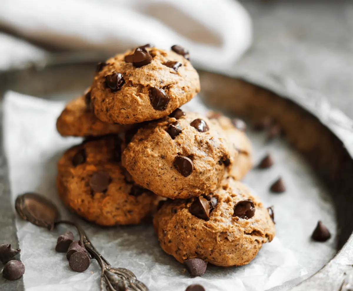 Delicious homemade sweet potato chocolate chip cookies with a golden-brown finish and chocolate chunks, perfect for a healthy treat.