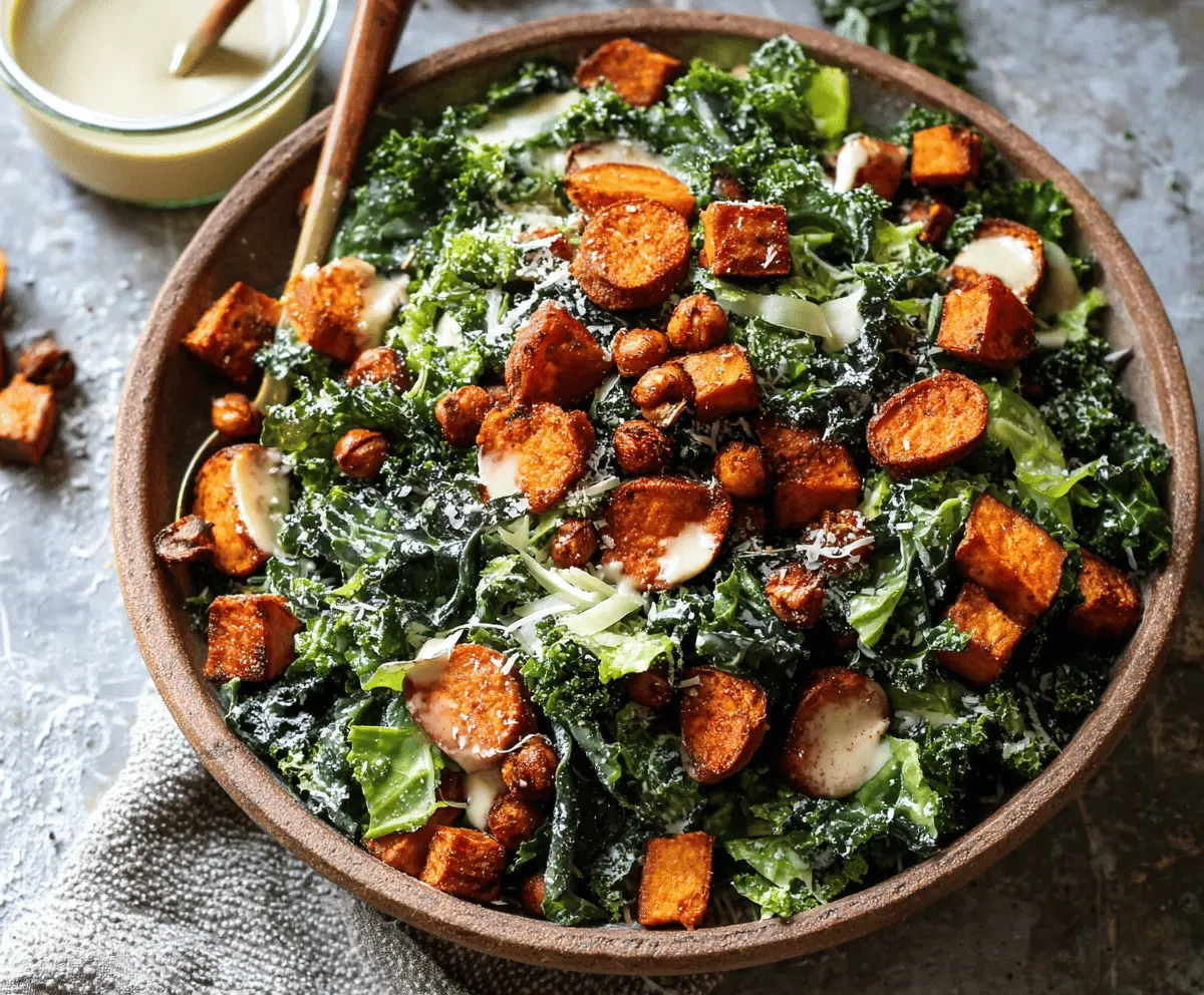 Delicious Sweet Potato Kale Caesar Salad with roasted sweet potatoes, fresh kale, crunchy croutons, and creamy Caesar dressing on a white plate