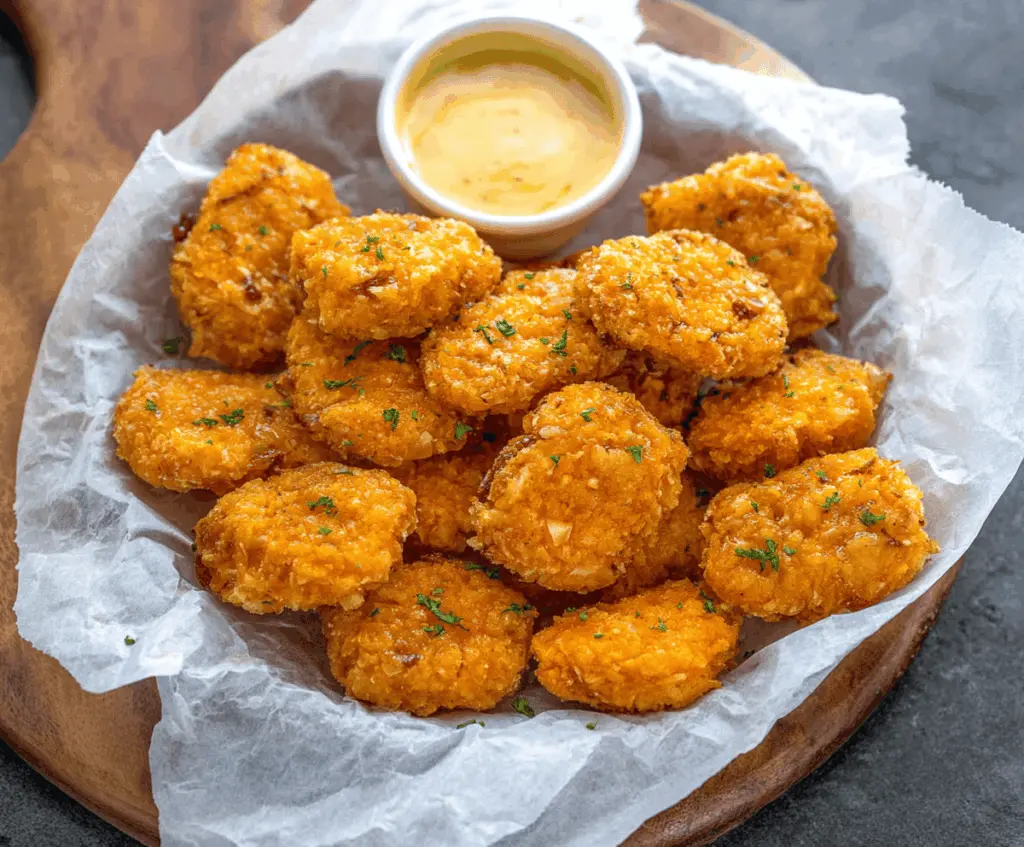 Golden crispy sweet potato nuggets served on a plate, perfect as a healthy snack or appetizer