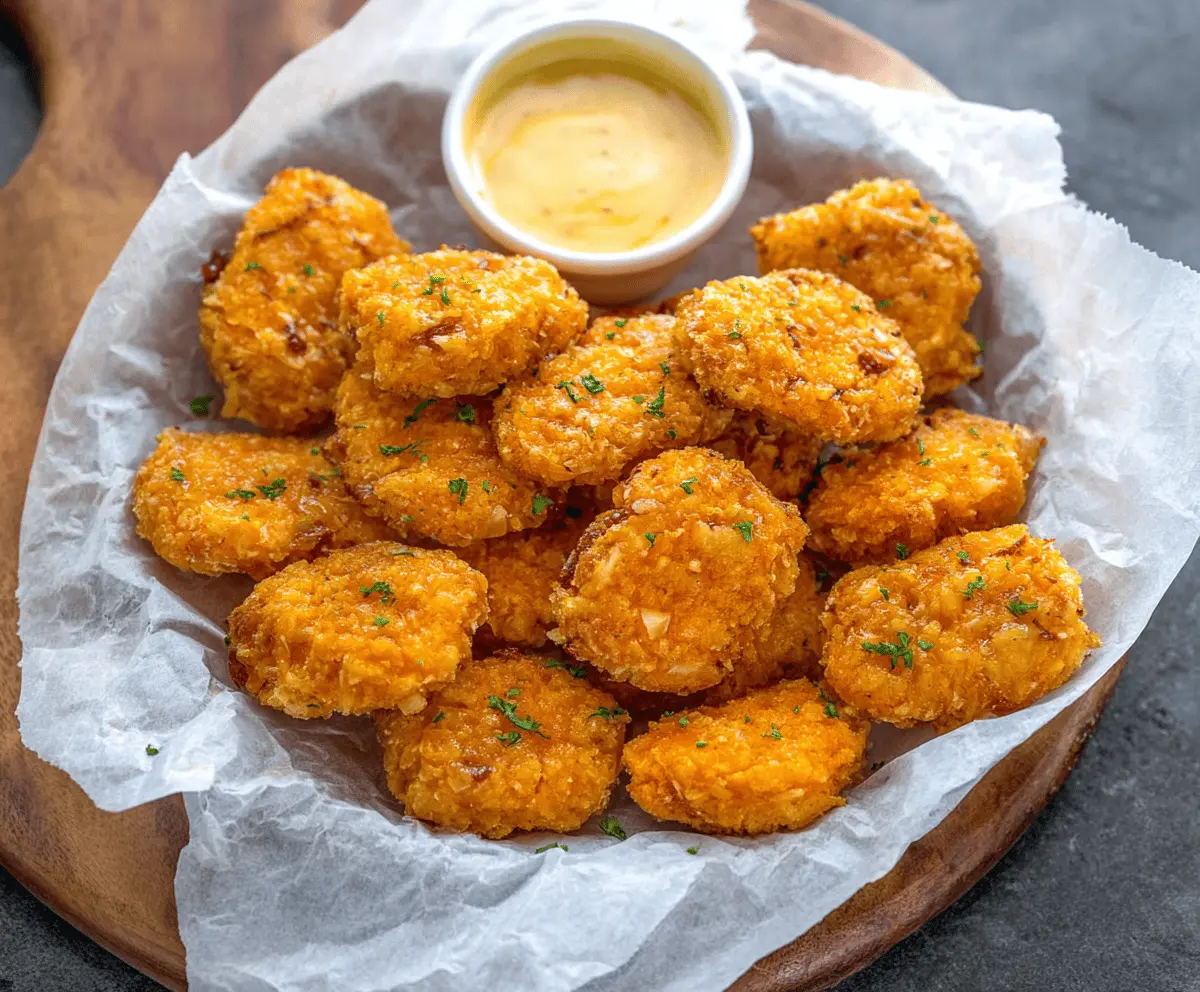 Golden crispy sweet potato nuggets served on a plate, perfect as a healthy snack or appetizer