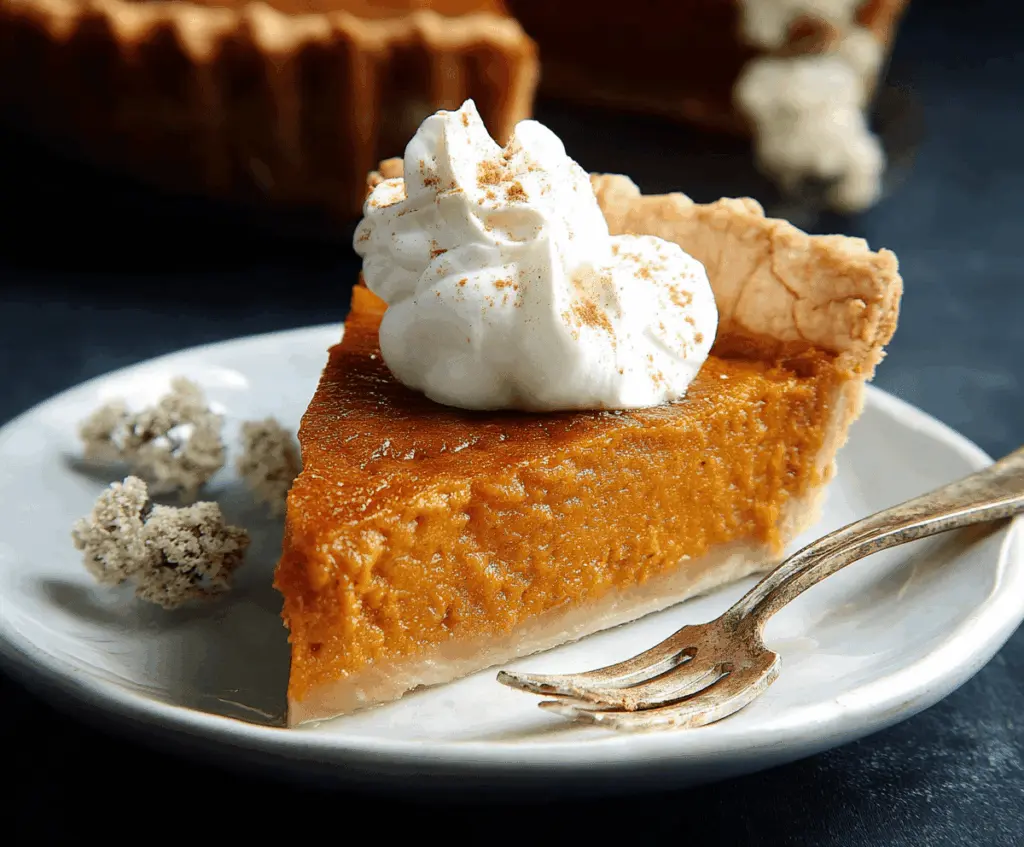 Delicious homemade sweet potato pie with a golden crust and creamy filling on a rustic table.