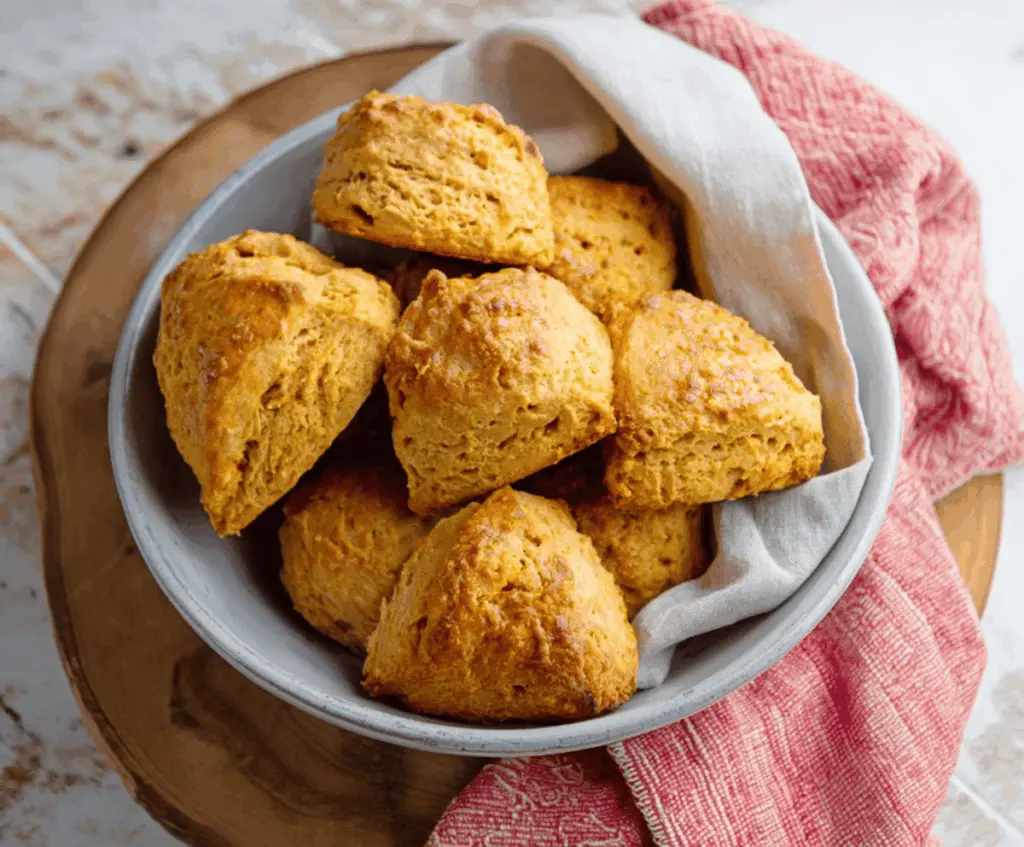 Golden-brown sweet potato scones topped with a light glaze on a rustic wooden table, perfect for a cozy breakfast or snack.