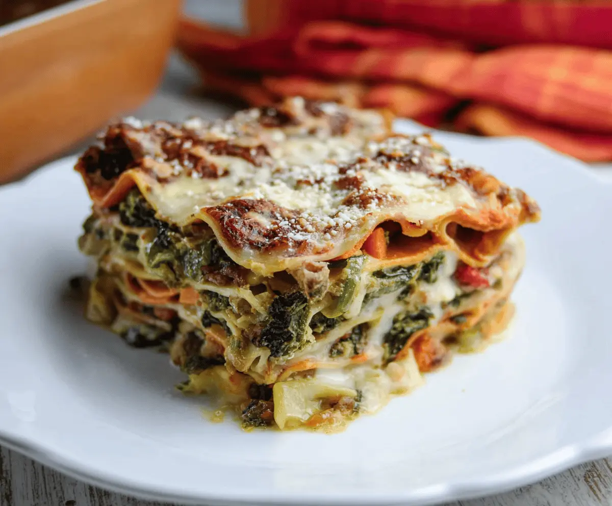 Delicious Sweet Potato Spinach Lasagna layered with creamy cheese, fresh spinach, and tender sweet potato slices in a baked dish