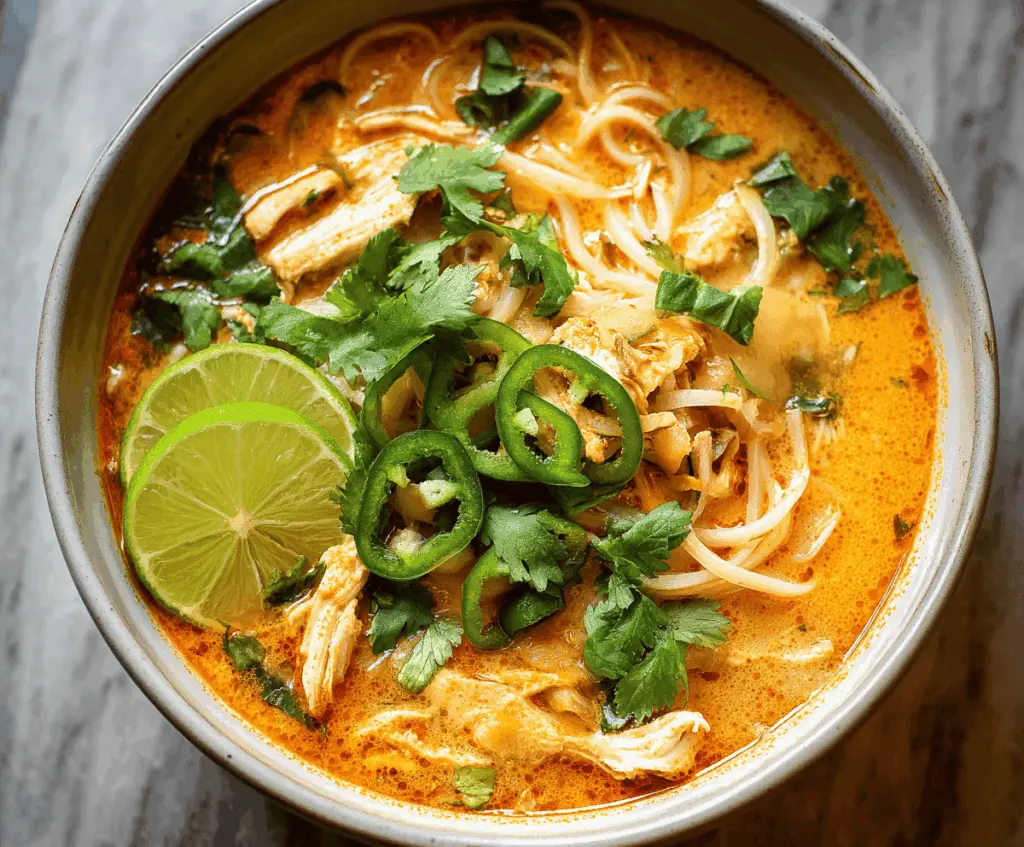 Delicious Thai Curry Chicken Soup with tender chicken, vibrant vegetables, and aromatic Thai spices in a flavorful broth