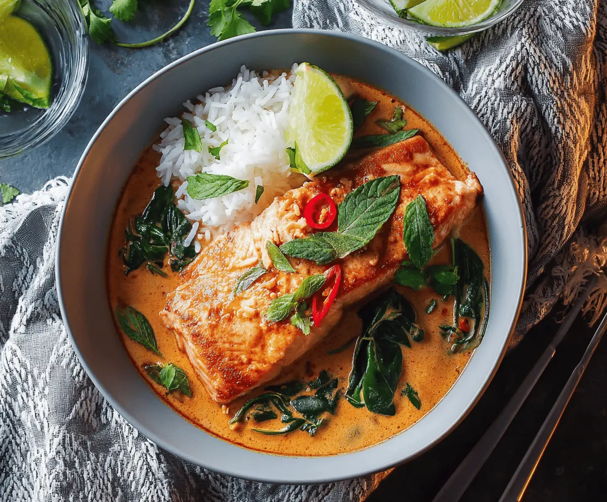 Delicious Thai Red Curry Salmon served with vibrant vegetables and fragrant herbs on a white plate, ready to enjoy.