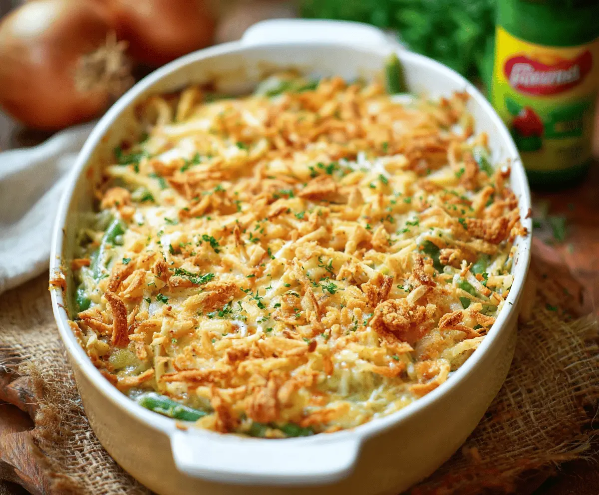 Delicious green bean casserole topped with crispy potatoes served on a white plate.