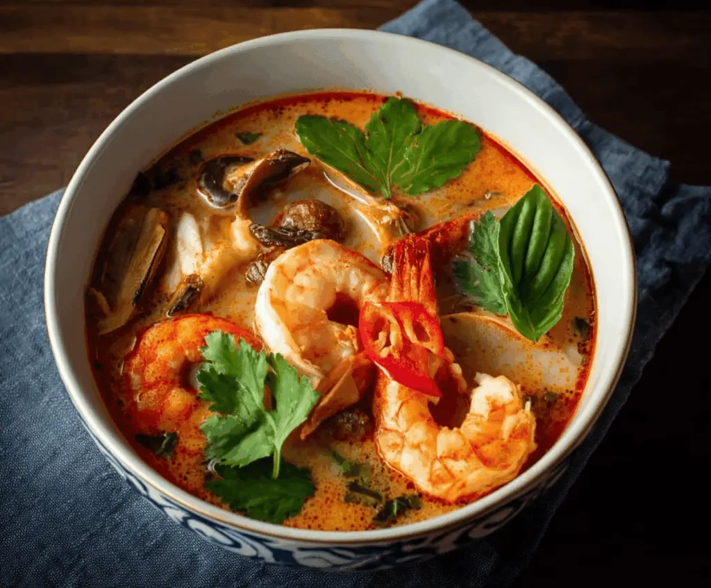 Spicy and tangy Tom Yum Soup garnished with fresh herbs and lime slices, featuring shrimp, mushrooms, and vegetables in a flavorful broth