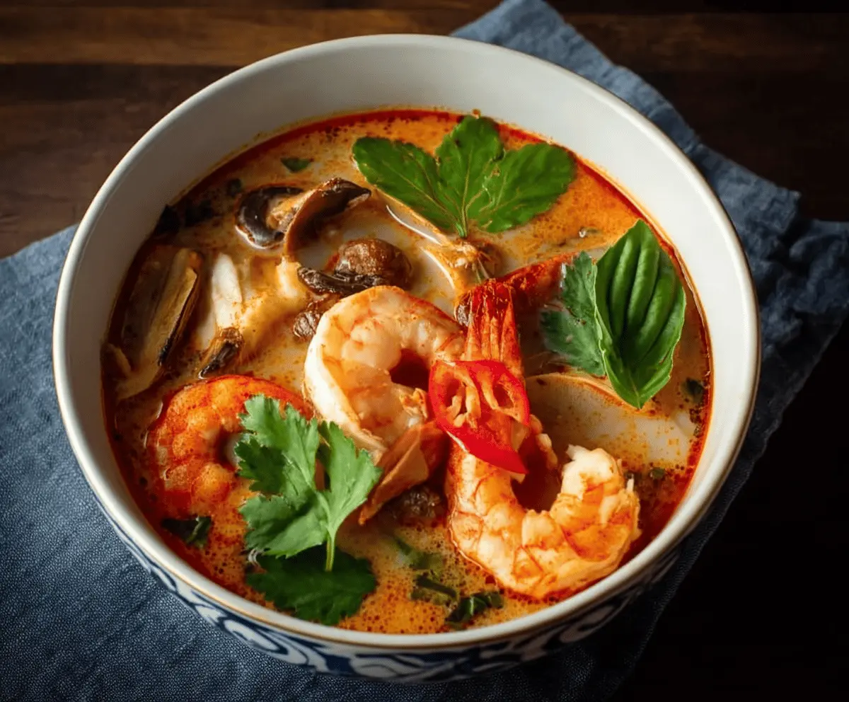 Spicy and tangy Tom Yum Soup garnished with fresh herbs and lime slices, featuring shrimp, mushrooms, and vegetables in a flavorful broth