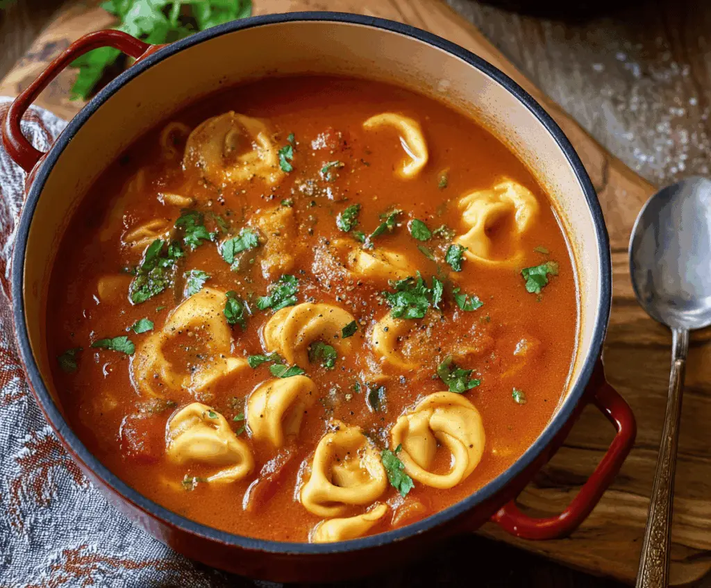 Hearty Tomato Tortellini Soup in a bowl garnished with fresh basil and grated Parmesan cheese, perfect for a comforting meal.