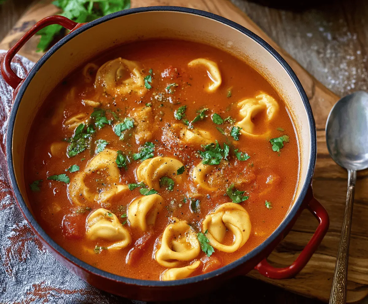 Hearty Tomato Tortellini Soup in a bowl garnished with fresh basil and grated Parmesan cheese, perfect for a comforting meal.