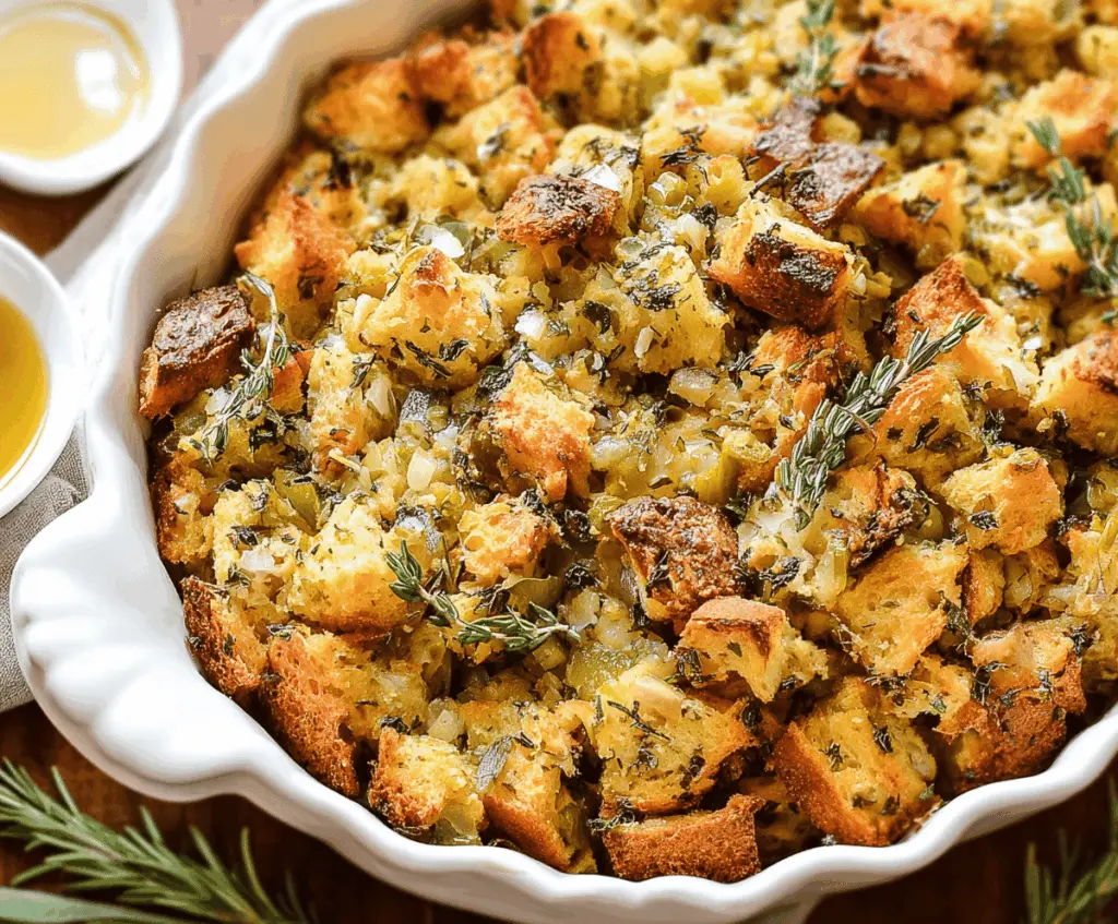 Golden-brown traditional Thanksgiving stuffing with herbs, celery, and bread cubes in a baking dish