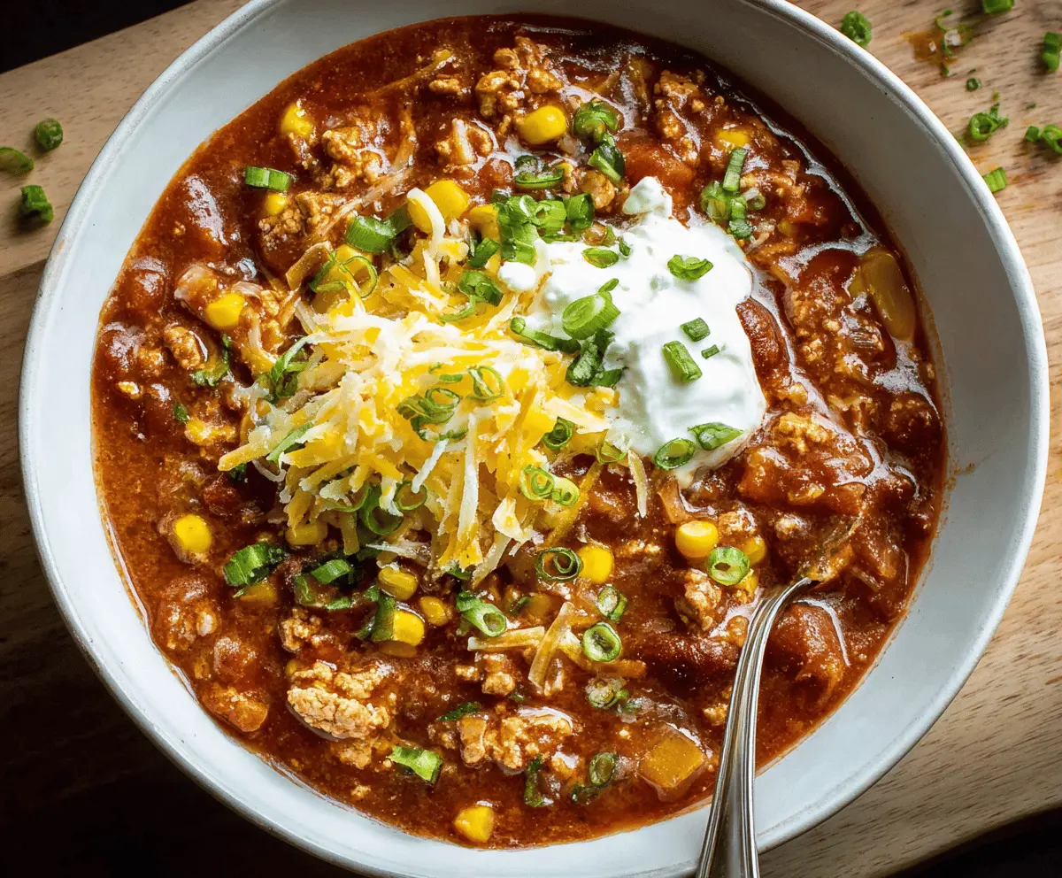 Hearty homemade turkey chili topped with shredded cheese and fresh cilantro in a rustic bowl, perfect for a cozy meal.