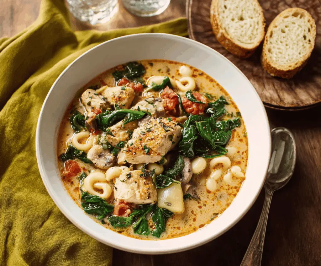 Hearty Tuscan Chicken Soup with vegetables and herbs in a bowl, perfect for a comforting meal