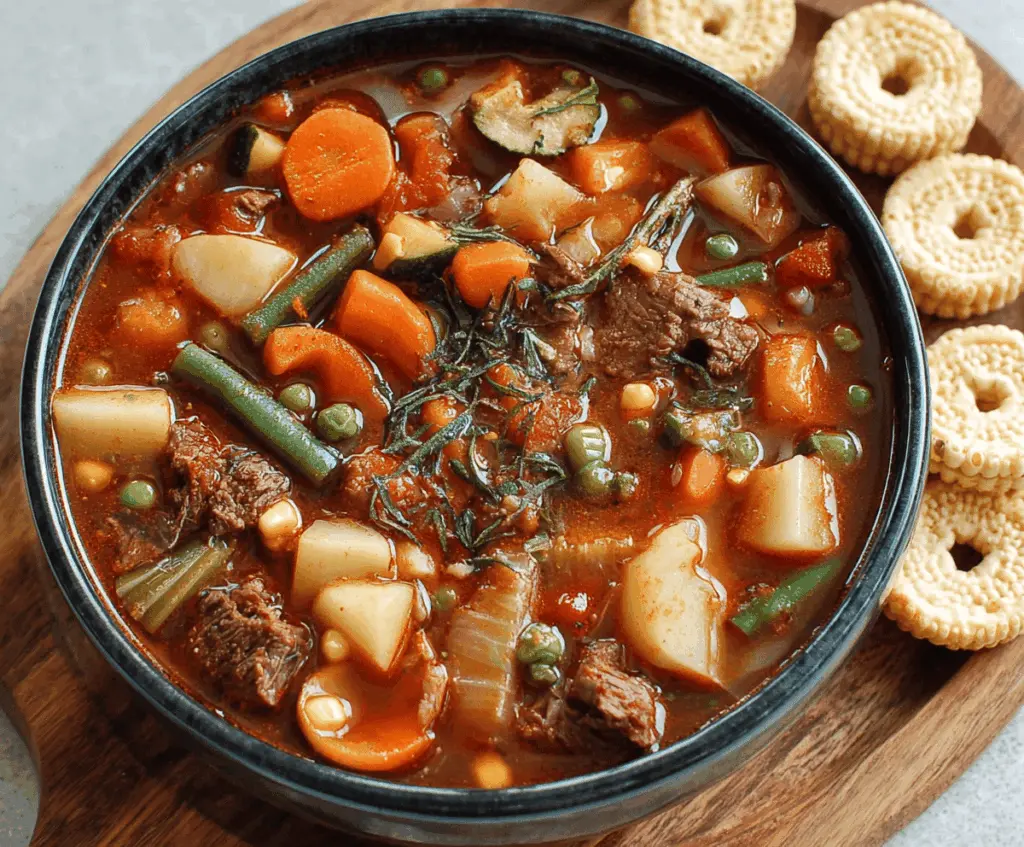 A steaming bowl of hearty vegetable beef soup featuring tender beef chunks, colorful vegetables like carrots, celery, potatoes, and green beans in a savory broth.