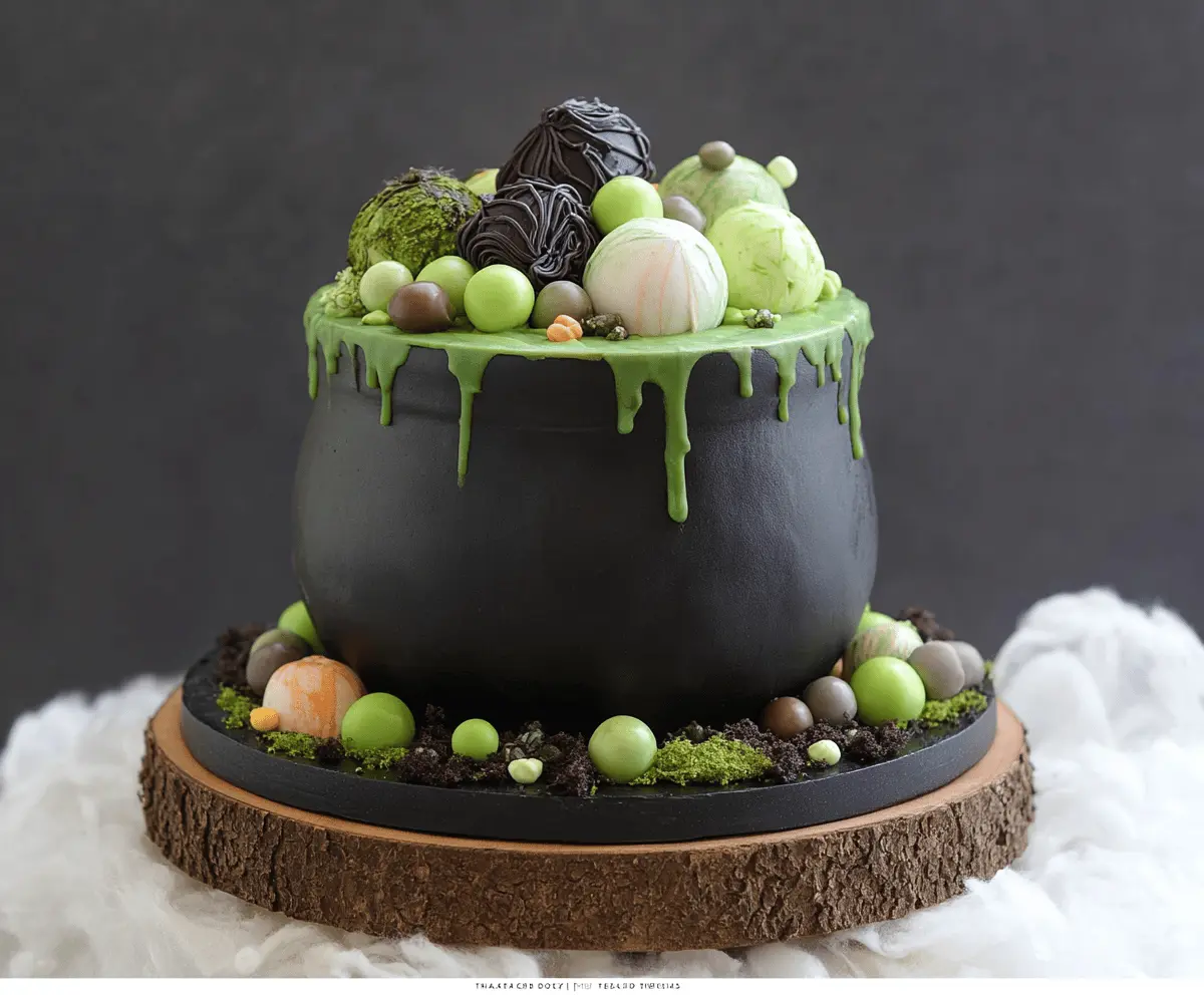 Delicious Witch Cauldron Cake with green frosting, bubbling effects, and Halloween-themed decorations for a spooky celebration