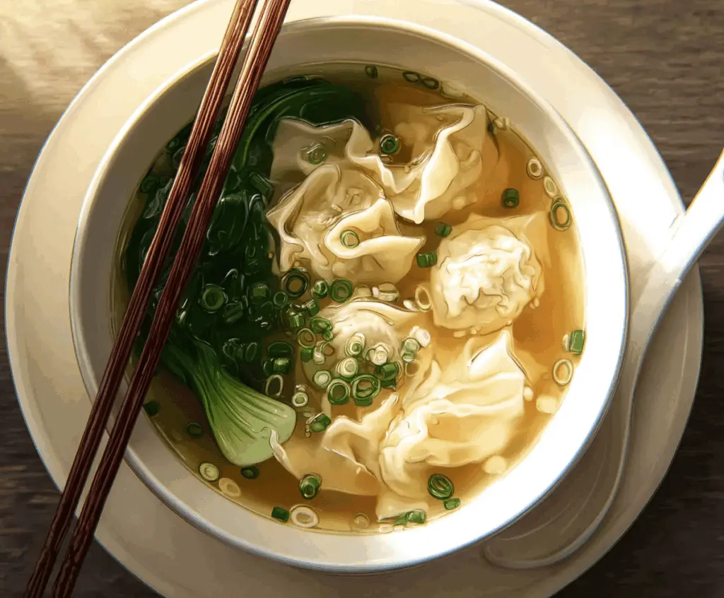 Delicious bowl of hot Wonton Soup with tender wontons, fresh vegetables, and flavorful broth, perfect for a comforting meal.