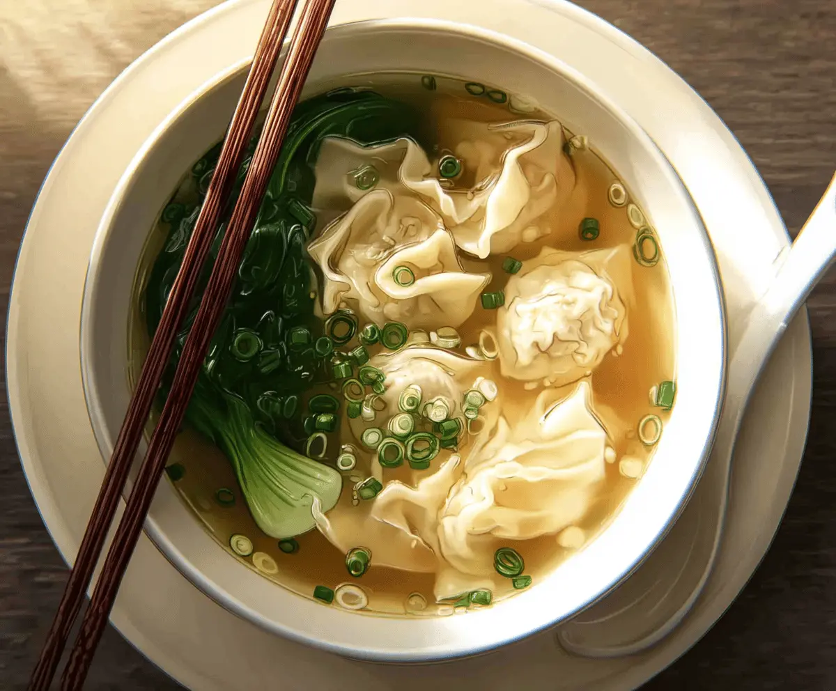 Delicious bowl of hot Wonton Soup with tender wontons, fresh vegetables, and flavorful broth, perfect for a comforting meal.