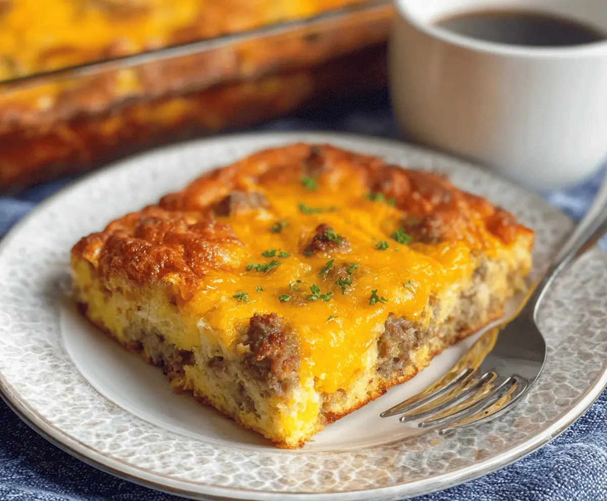 Delicious 4 Ingredient Sausage Breakfast Casserole in a baking dish with melted cheese and golden edges