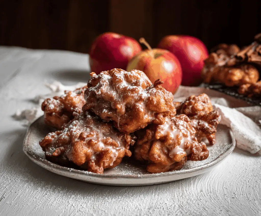 Golden crispy apple fritters dusted with powdered sugar on a rustic wooden background.
