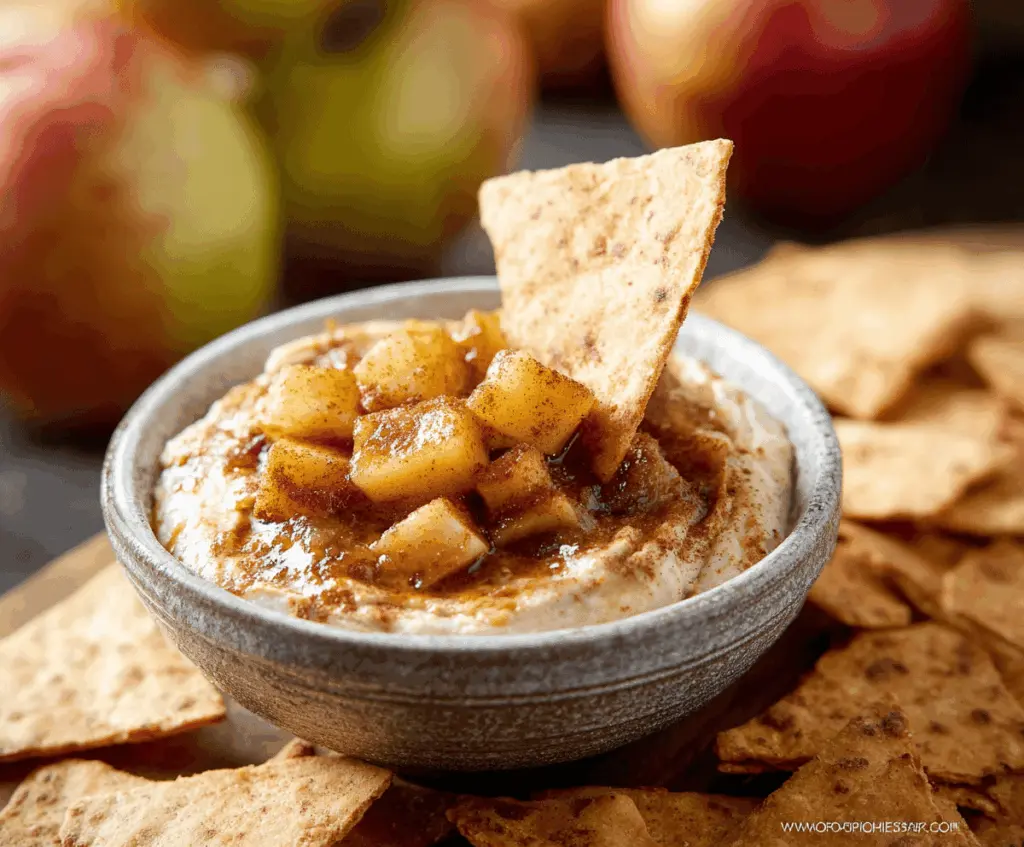 Delicious apple pie dip served with crispy cinnamon tortilla chips for a sweet snack.