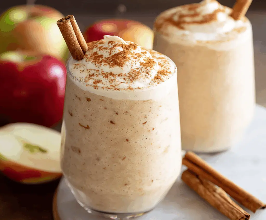 Creamy apple pie smoothie in a glass topped with cinnamon and fresh apple slices.