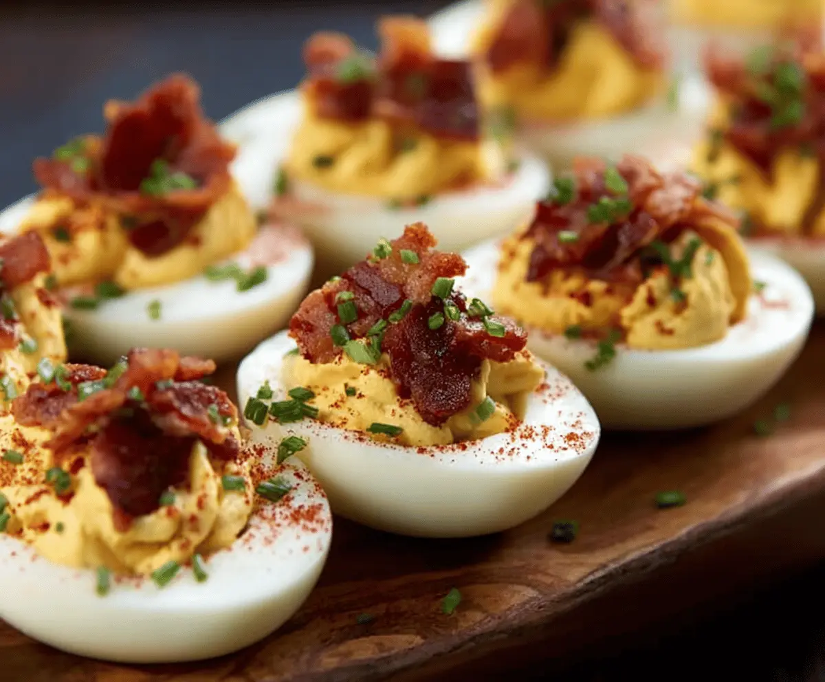 Delicious bacon deviled eggs garnished with chives on a white plate