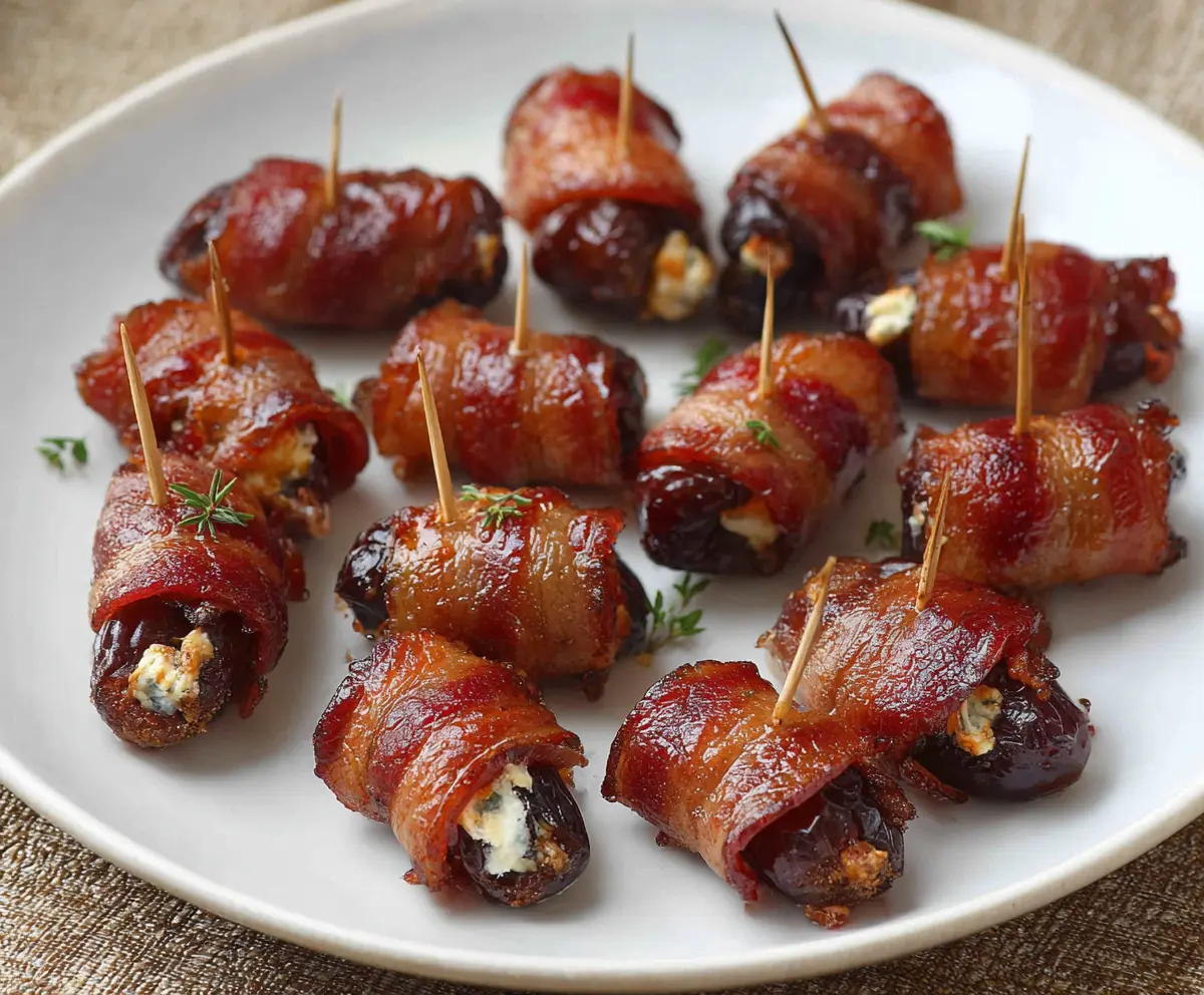 Delicious bacon-wrapped dates stuffed with creamy goat cheese, perfect for appetizers.