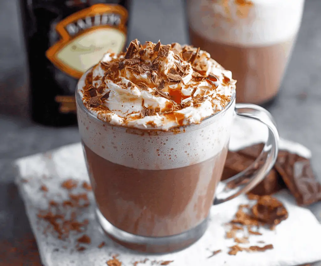 Creamy Baileys Hot Chocolate in a mug topped with whipped cream and chocolate shavings.